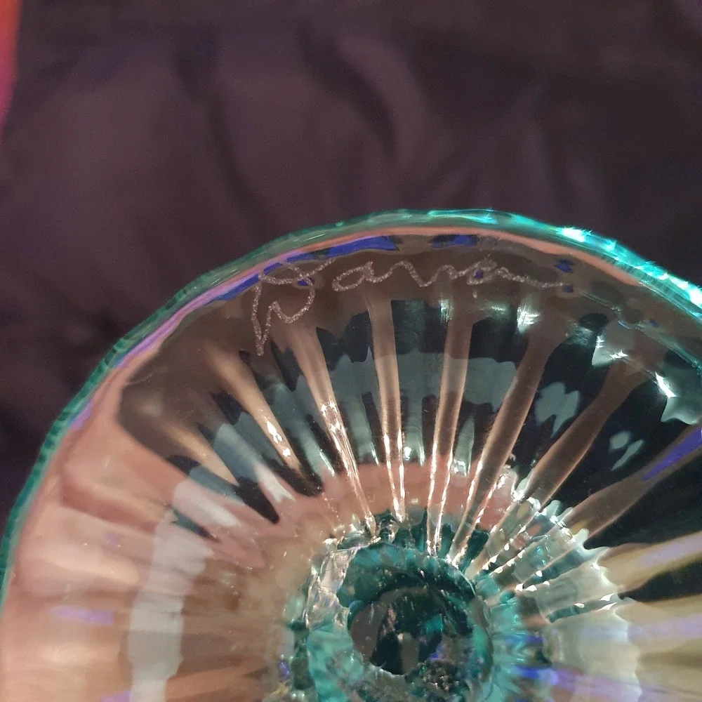 Vintage Jack in the Pulpit Candleholder Iridescent Aqua Glass Hand Blown Signed